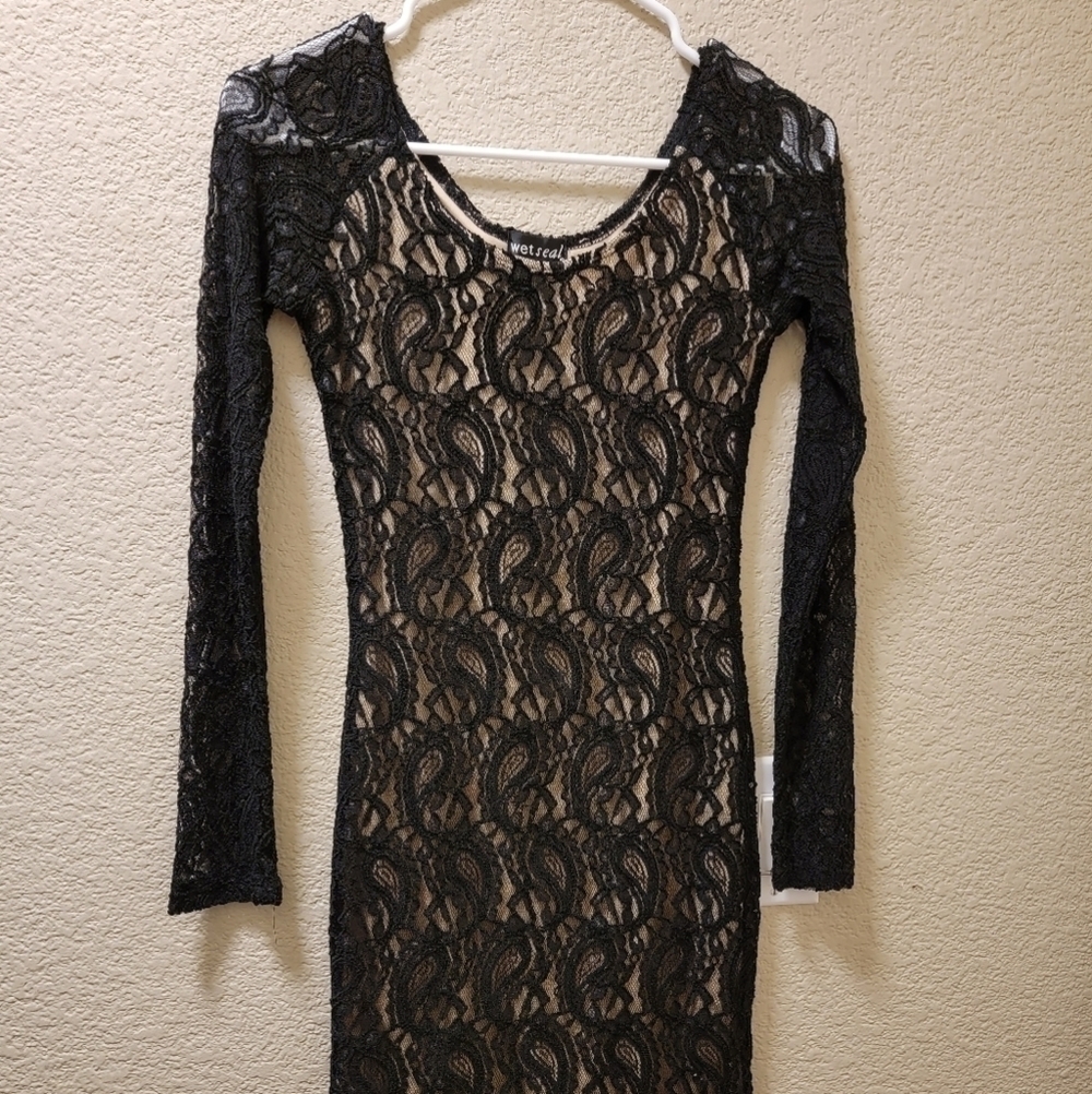 Wet Seal long sleeve black and nude lace dress size small